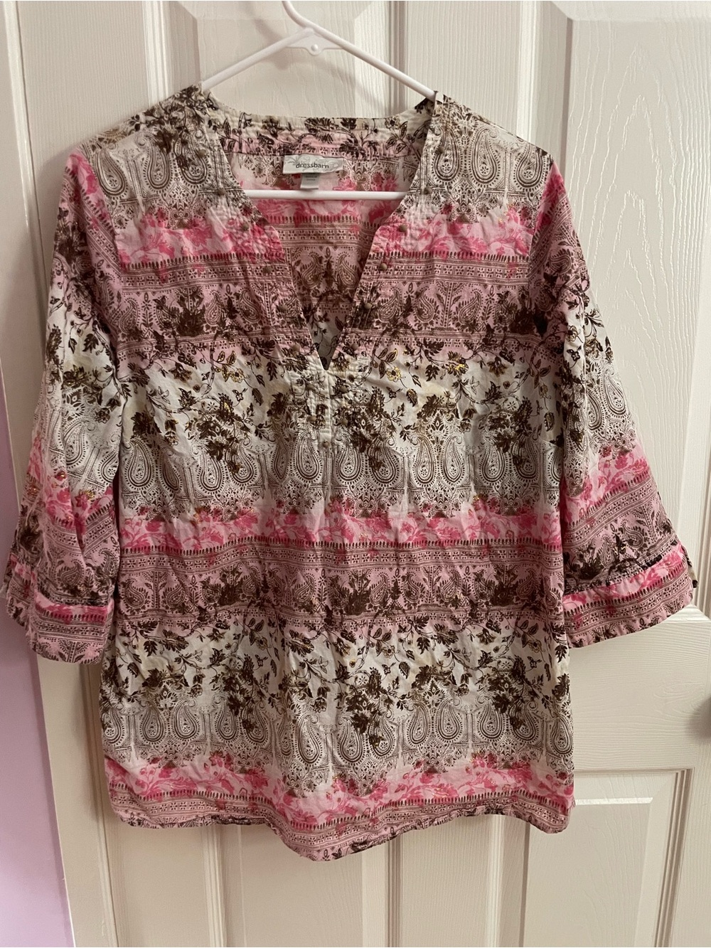 dressbarn Pink and Brown Paisley-Print V-Neck Tunic